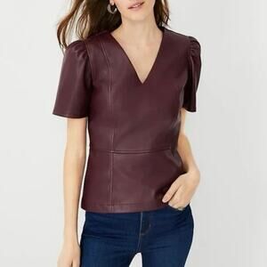 Ann Taylor Faux Leather V-Neck Short Sleeve Peplum Top Plum Port Wine Size XS